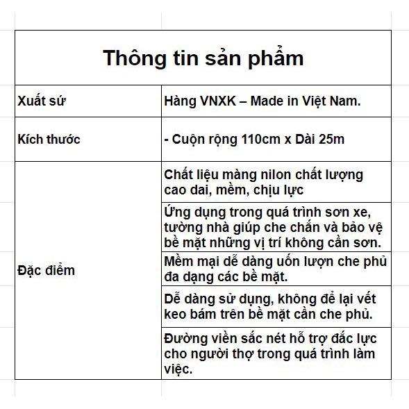 Cuộn nilon che sơn, màng che phủ bảo vệ khi phun sơn ô tô - xe máy, che nền - tường nhà kích thước 110cmx25m