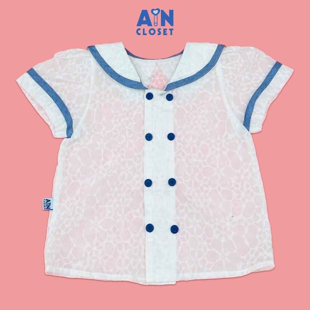 Áo Sơ mi Trắng Ngắn tay bé gái họa tiết Hoa Viền Xanh Cotton boi - AICDBGXVY0SG - AIN Closet