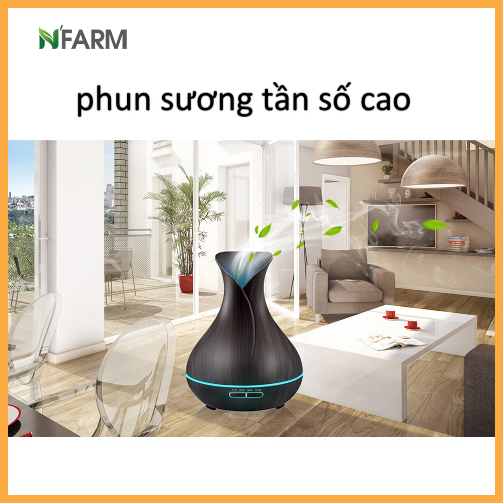 Combo máy khuếch tán, máy xông tinh dầu NFarm hình bình hoa + tinh dầu cam hương N'Farm / Phun sương sóng siêu âm/ Có remote điều khiển.