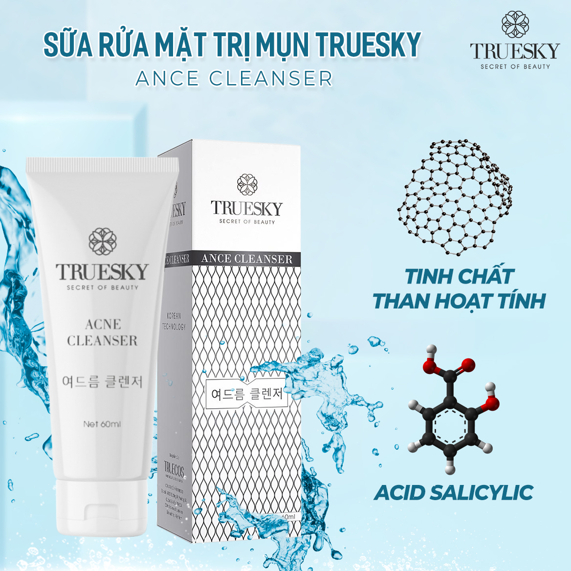 Bộ sản phẩm giảm mụn và dưỡng trắng da mặt Truesky gồm 1 sữa rửa mặt than hoạt tính 60ml &amp; 1 kem dưỡng trắng da mặt 10g