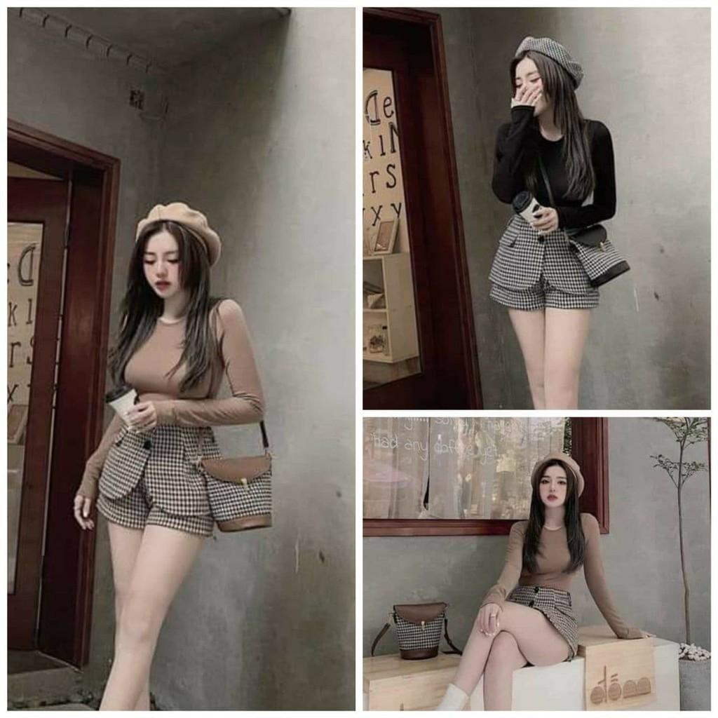 Set bộ áo gân tay dài phối quần caro nhí nhảnh, SET ĐÙI CARO PHỐI