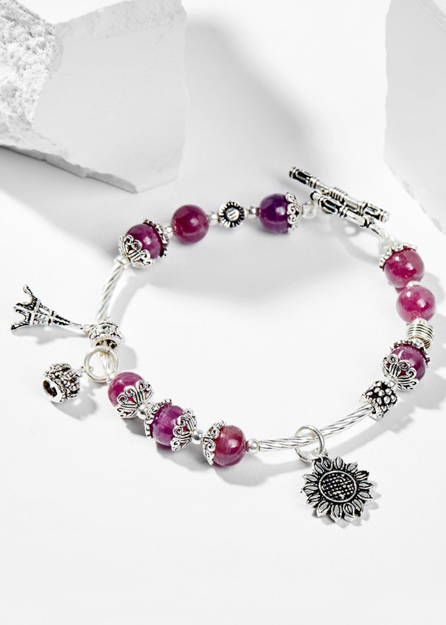 Vòng Tay Phong Thủy Nữ Đá Ruby Phối Charm Hoa Hướng Dương Bạc Mệnh Hỏa, Thổ Ngọc Quý Gemstones