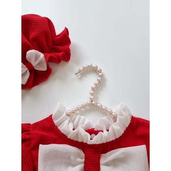 Body nỉ nhung dài tay cho bé gái kèm mũ và tất vải - body nơ thu đông màu đỏ mặc tết bé sơ sinh - set 3 chi tiết trẻ em