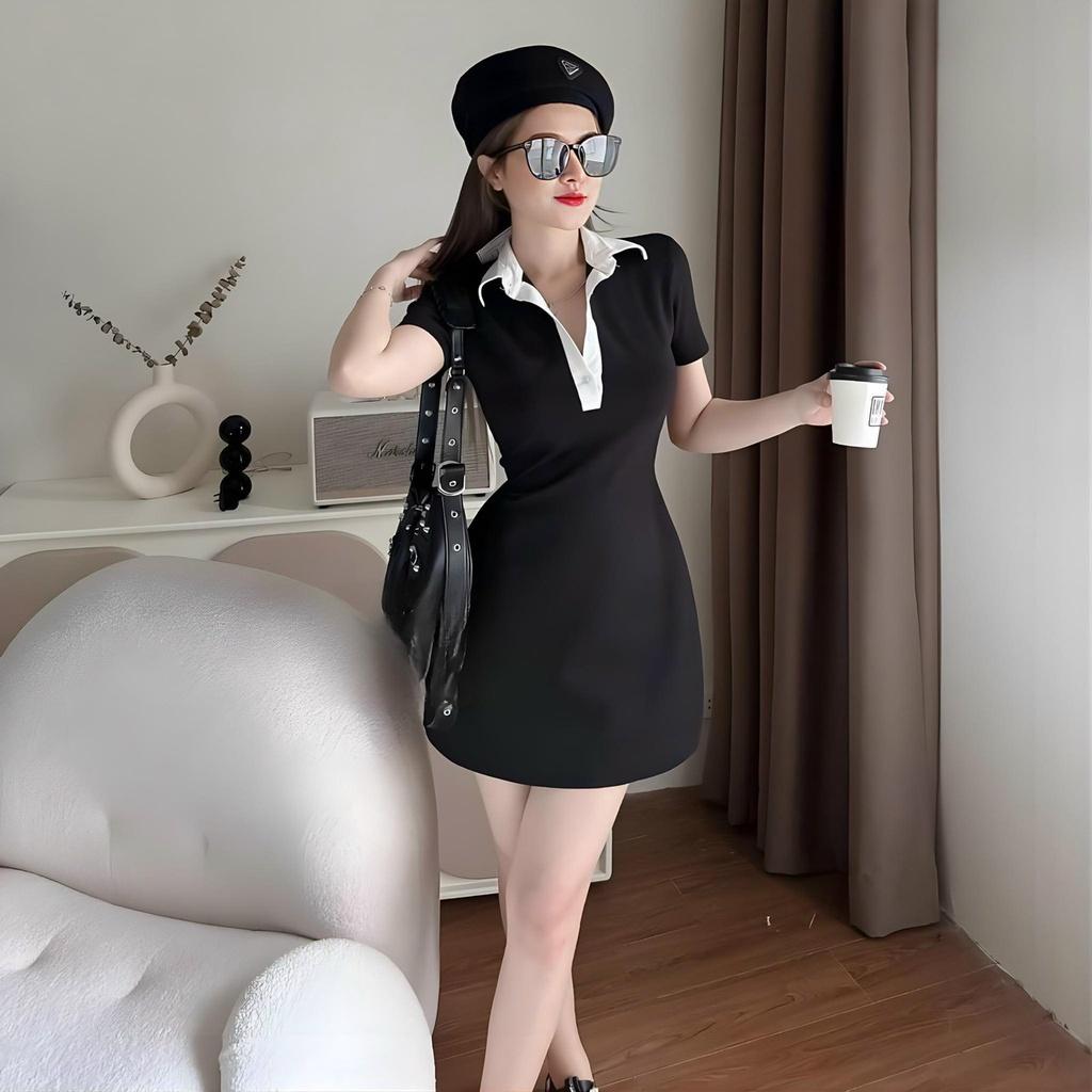 Đầm thun xoè phối cổ sơmi cài nút siêu hot