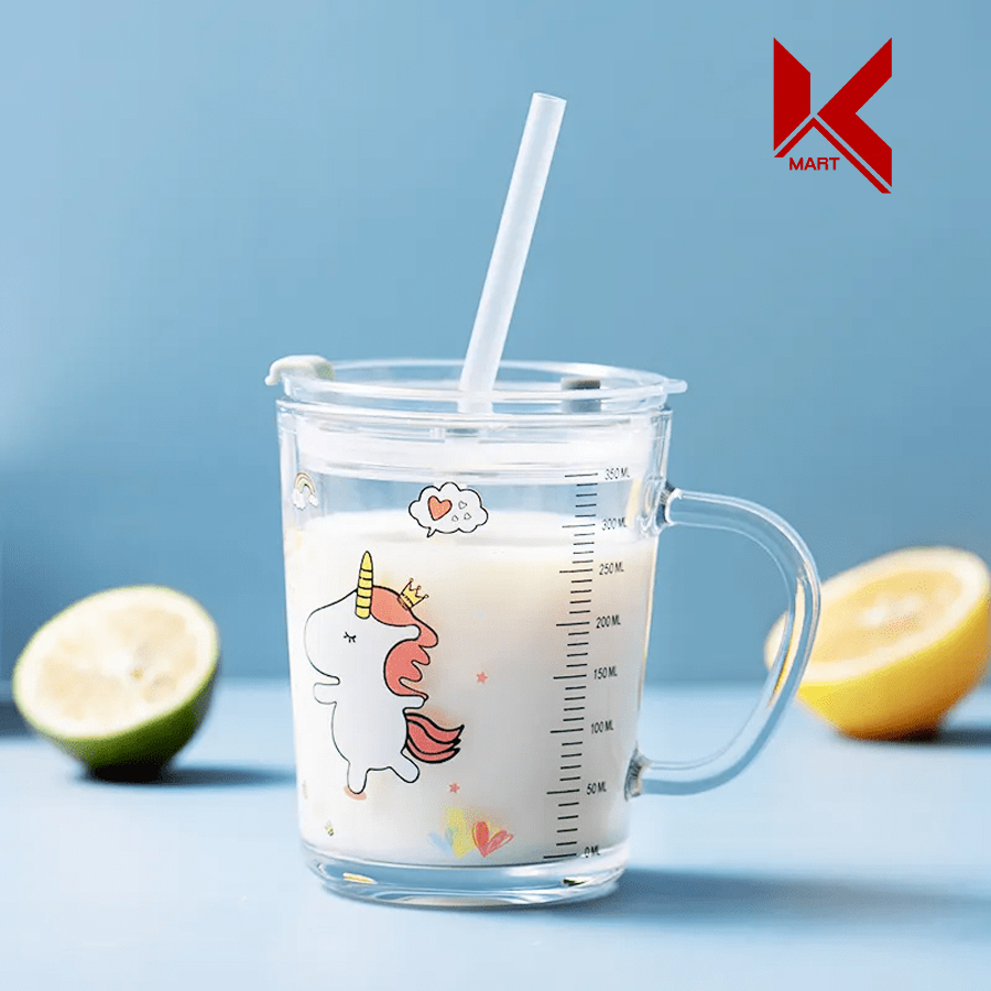Cốc thủy tinh chia vạch dung tích 400ml pha sữa cho bé có nắp chống tràn và ống hút tiện lợi - Kmart