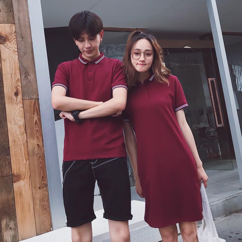 Áo đôi nam nữ ️FREESHIP️ Set áo thun nam ngắn tay kèm váy nữ màu đỏ du lịch chụp hình đẹp