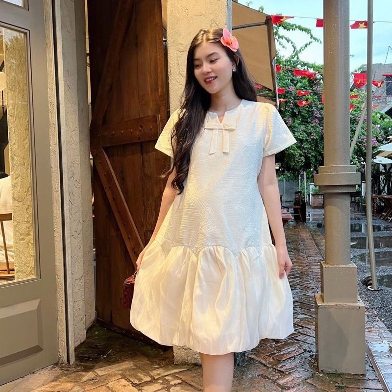 Đầm bầu tiểu thư vải gấm lụa gân 3D thanh lịch, trong trẻo cho mẹ bầu - Hồng