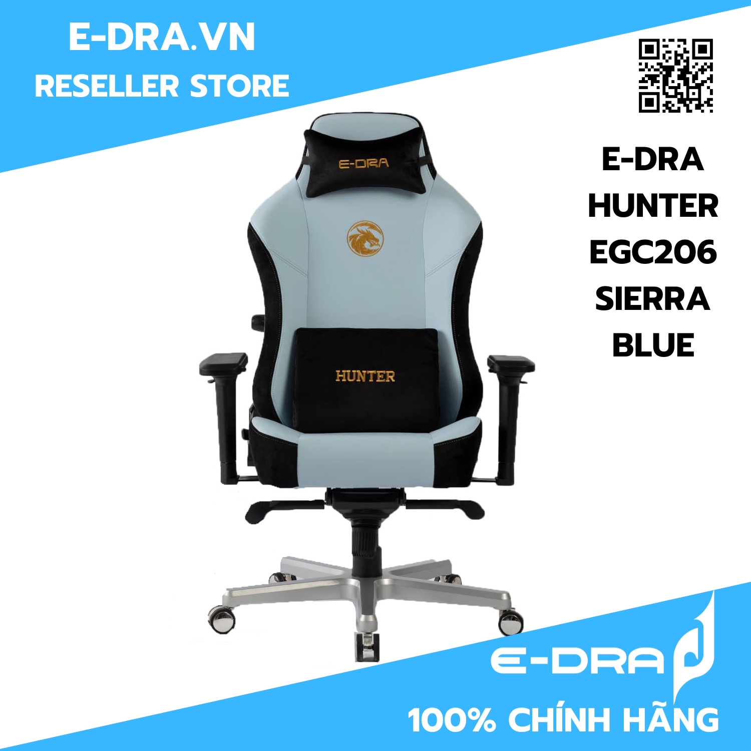 Ghế gaming E-Dra Hunter EGC206 Sierra Blue - Hàng chính hãng