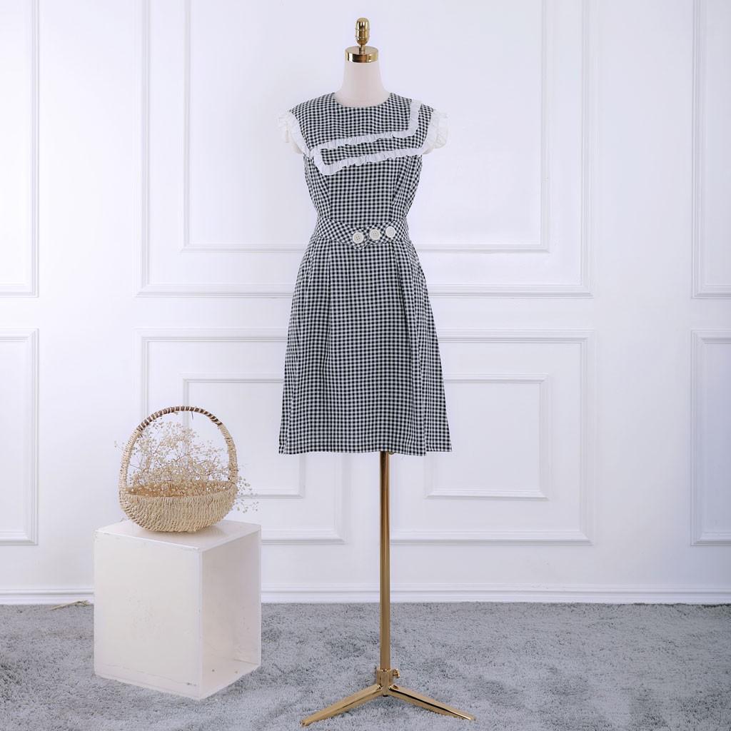 Đầm kiểu nữ sát nách kẻ caro dây lưng eo - Váy nữ cổ hải quân dáng xòe TK FASHION DK906