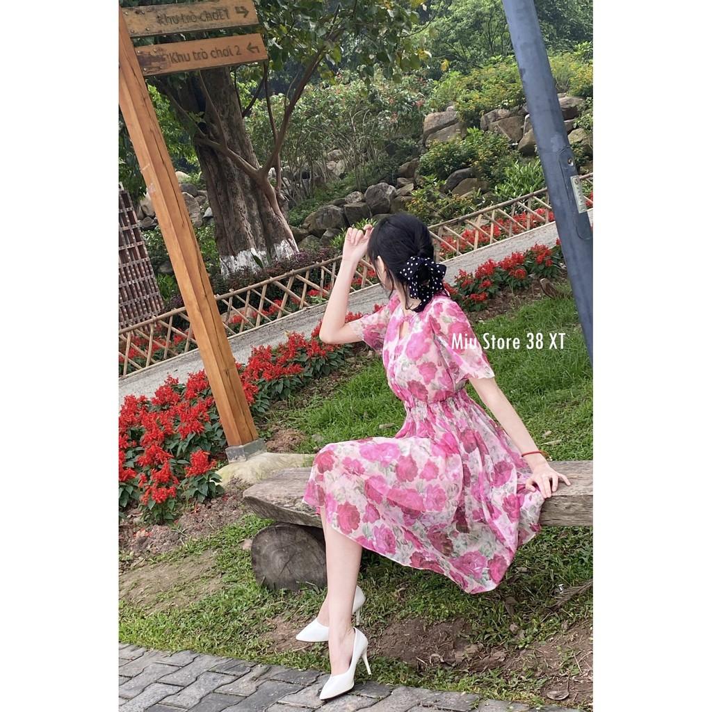 Đầm hoa hồng eo thun ngắn tay dáng xòe A D00127