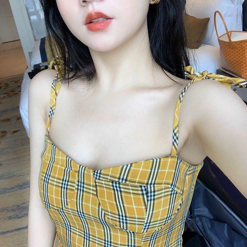 Đầm 2 Dây Caro Màu Vàng Cực Xinh ảnh thật