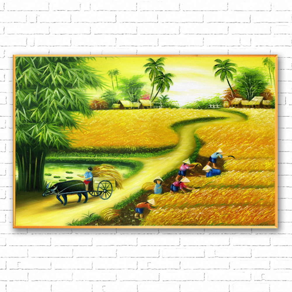Tranh treo tường – Phong cảnh cánh đồng quê Việt Nam CA123- Vải canvas kim tuyến cán PiMa - công nghệ in UV - Khung viền composite - bền màu 10 năm.