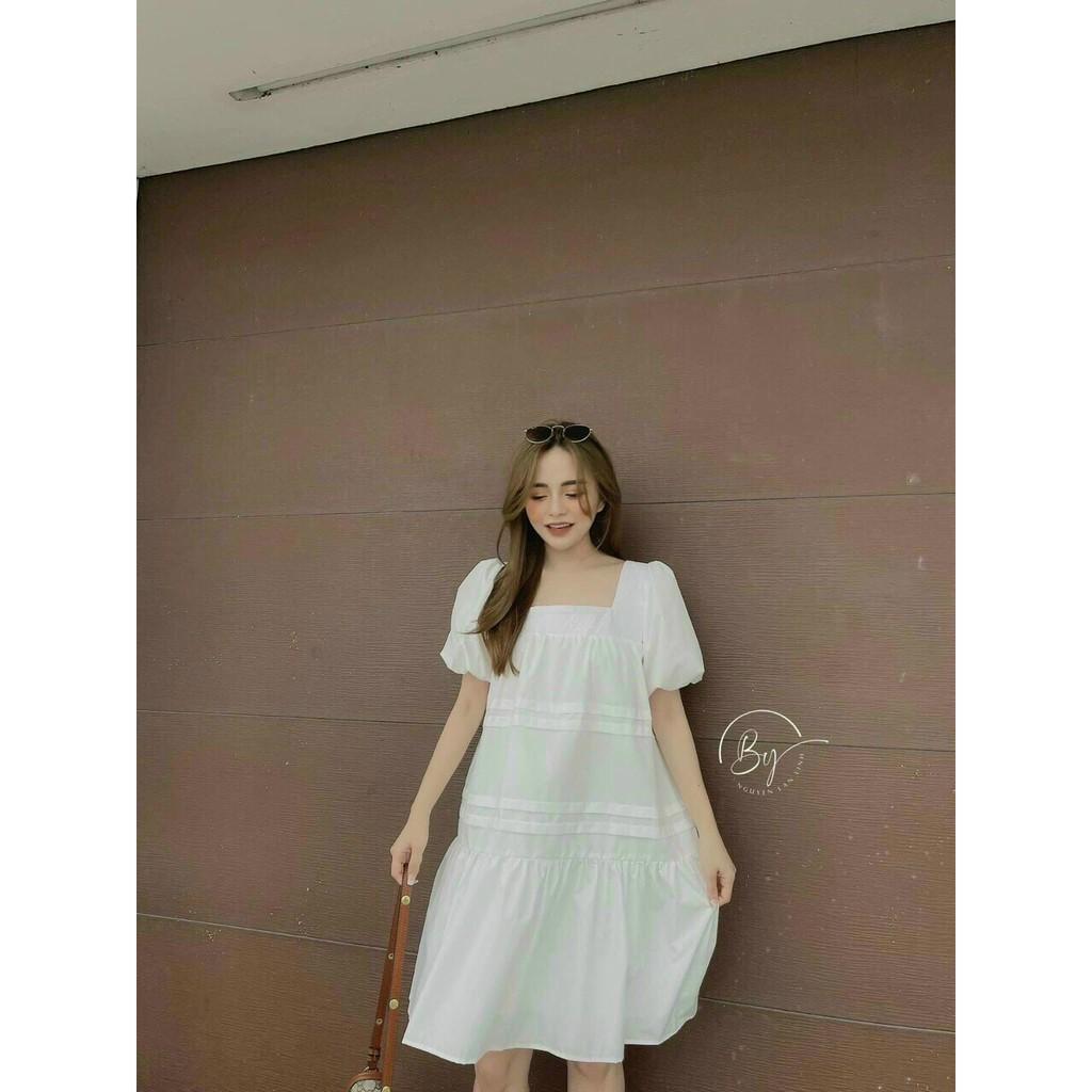 Đầm babydoll cổ vuông tay phồng siêu xinh