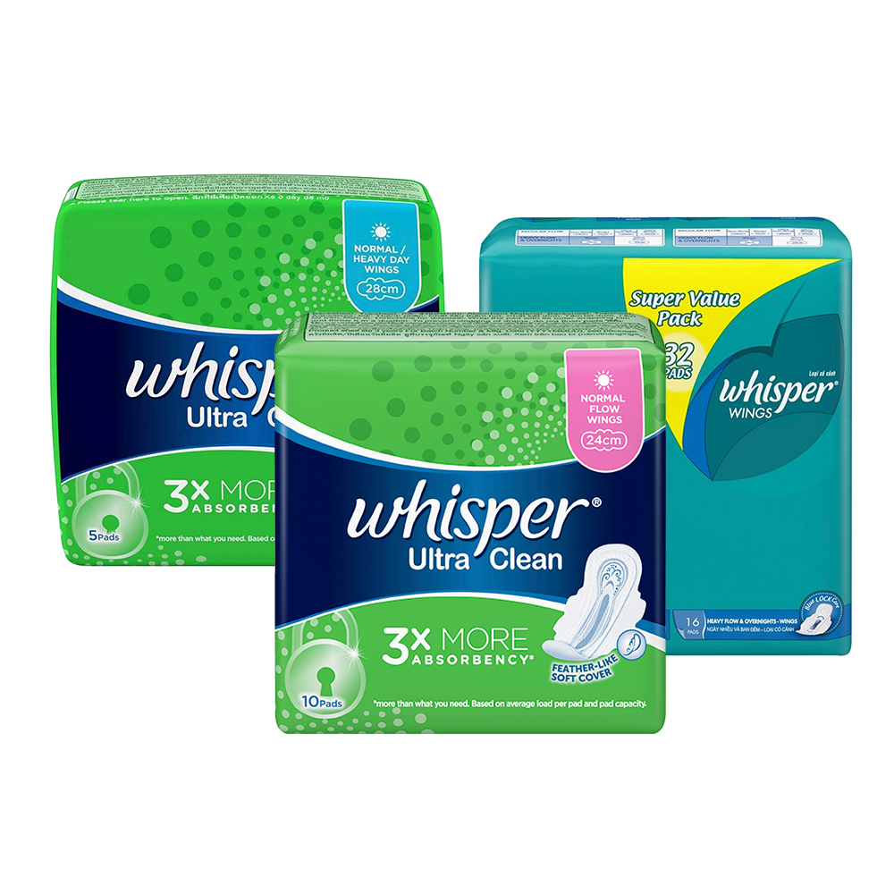 Combo BVS Whisper Ngày và Đêm (Whispers Ultra Ngày 10 miếng -  Ultra Ngày nhiều/Đêm 5 miếng - Whisper Pad Ngày nhiều/Đêm 32 miếng x 2)