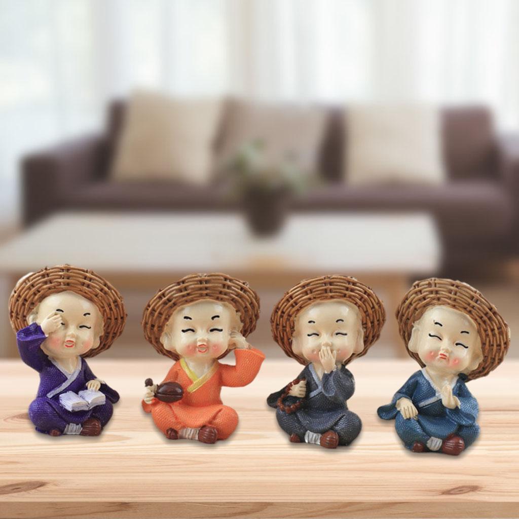 4Pc Resin Monk Figurines Cute Little Monk Statue Sculpture Decor Lovely Gift