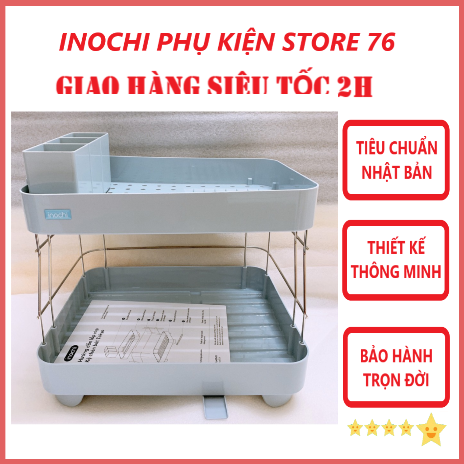 Kệ Đựng Chén Bát Tokyo 2 Tầng Khung Được Làm Bằng Inox Cao Cấp Cực Kì Chắc Chắn - Chính Hãng Inochi ( Tặng kèm khăn lau chén bát pakasa)