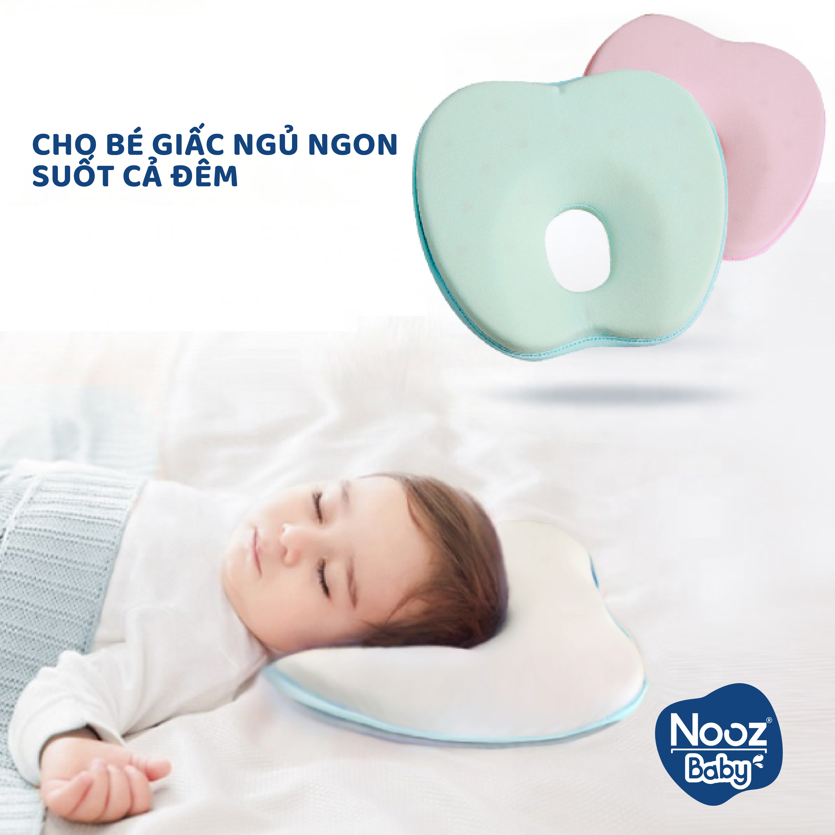 Gối Memory Foam Nooz Baby Cho Trẻ Sơ Sinh 0 -12 Tháng Tuổi - Giúp Bé Chống Gù Lưng, Bẹp, Méo Và Móp Đầu - Ruột Gối Cao Su Non Giặt Tay - Tặng Kèm 1 Vỏ Gối Cotton Rời - ( 24x22x3 cm)