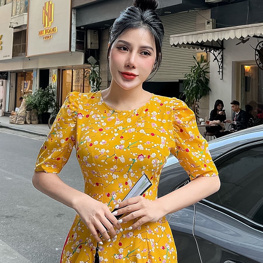 Áo dài hoa nhí tay phồng điệu đà AD026 - Lady Fashion
