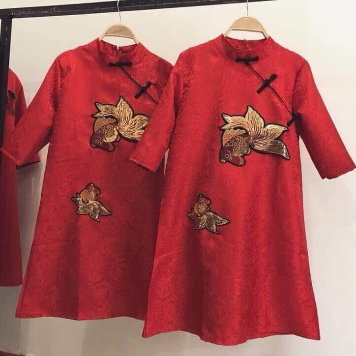 váy đầm suông thêu cổ tàu cao cấp, đầm đỏ mặc tết HB02