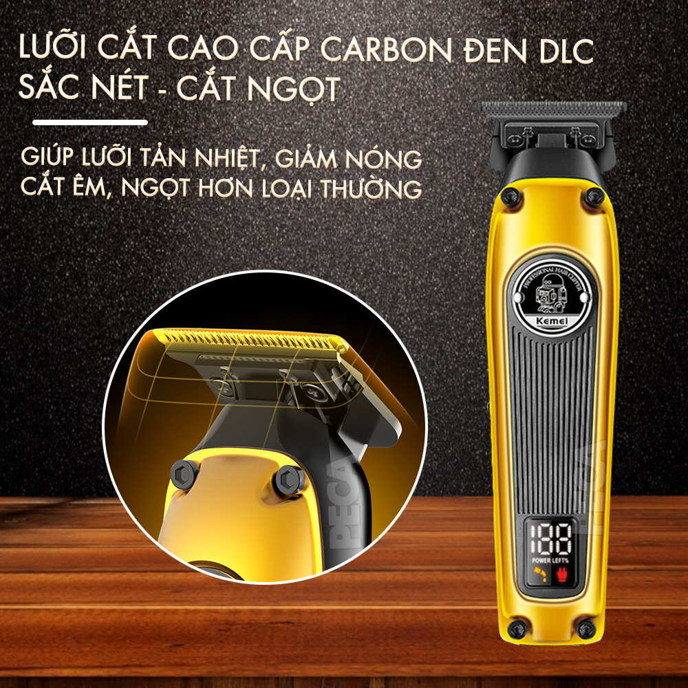 Tông đơ chấn viền chuyên nghiệp Kemei KM-1855 lưỡi mạ carbon DLC cao cấp, động cơ không chổi than, công suất mạnh 8W không nóng hoạt động hiệu quả - Hàng chính hãng