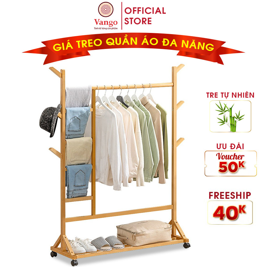 Giá kệ treo quần áo đa năng VANGO V5 bằng gỗ tre tự nhiên cao cấp, Phong cách nội thất Bắc Âu hiện đại sang trọng, sơn phủ bóng chống nước chống ẩm mốc cực tốt