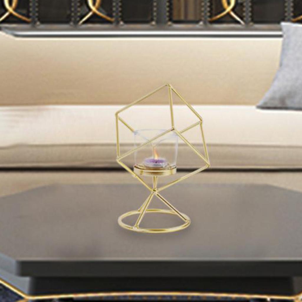 Metallic Hollow Candelabra Cube Candle Holder with Glass Cup Decor, Golden