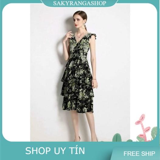 HÀNG NHẬP - ĐẦM XÒE LỤA HOA TẦNG CỔ V SÂU