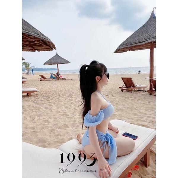 Set bikini 3 món đi biển trễ vai bèo màu pastel xịn xò