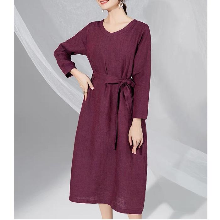 Đầm suông linen cổ tim dài tay kèm đai rời trẻ trung, thời trang hè thu 2022 - Đỏ bã trầu