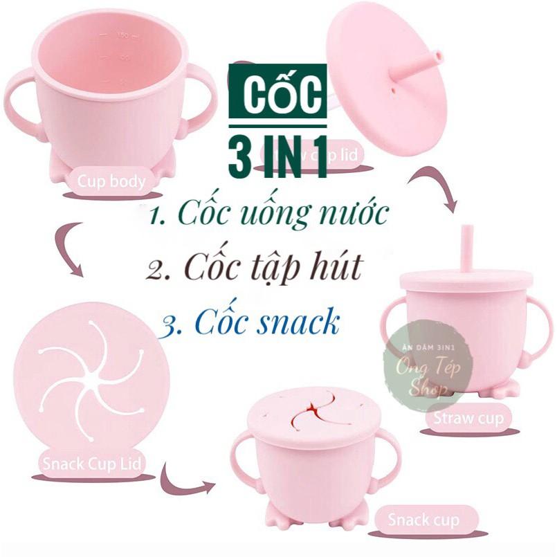 Cốc tập hút silicon cho bé tập uống 3in1 kèm ống hút thay thế và nắp snack