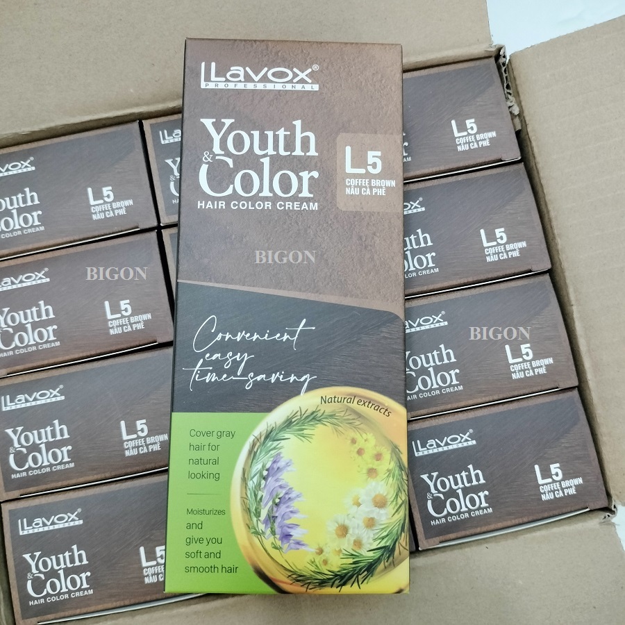 Nâu Cà Phê(Nâu Sáng L5) - Kem Nhuộm Dưỡng Tóc Phủ Bạc Lavox Youth&Color L5 - Màu Nâu Cà Phê (Mẫu Cũ Nâu Sáng)