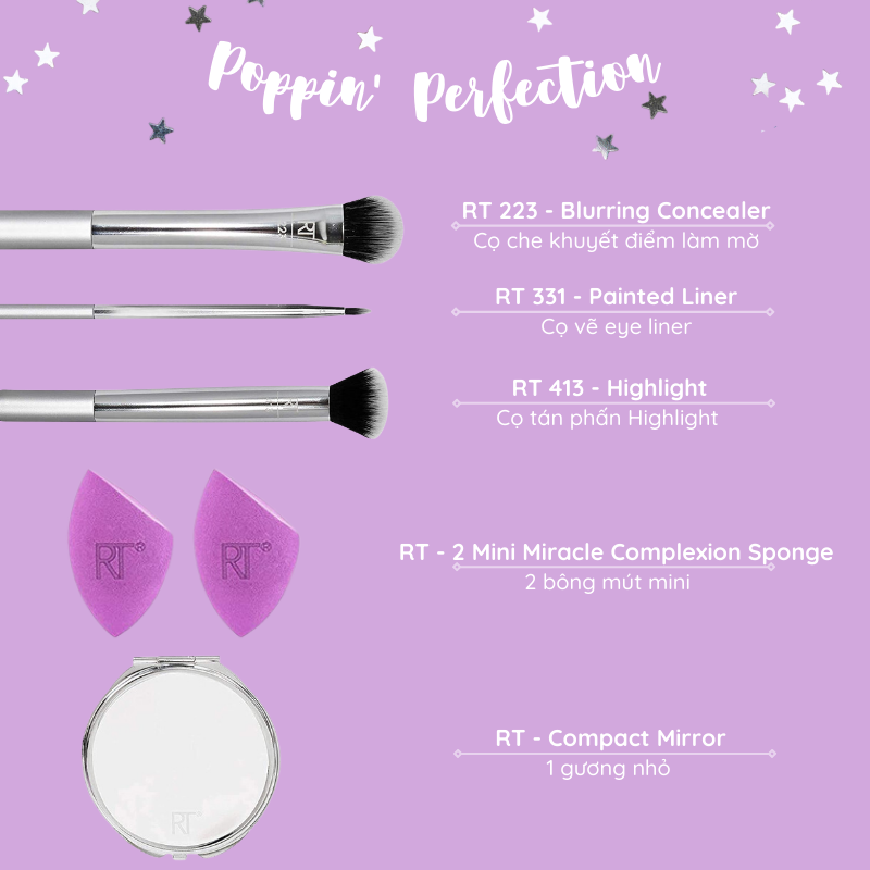 Bộ cọ trang điểm kèm mút và gương Real Techniques poppin' perfection