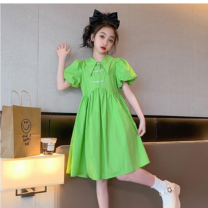 DONGSHOP Váy cho bé gái 2023 Mùa hè Mid-Mid-Mid-Mid-Boy Chic Kids Dress Cô gái búp bê cổ công chúa váy