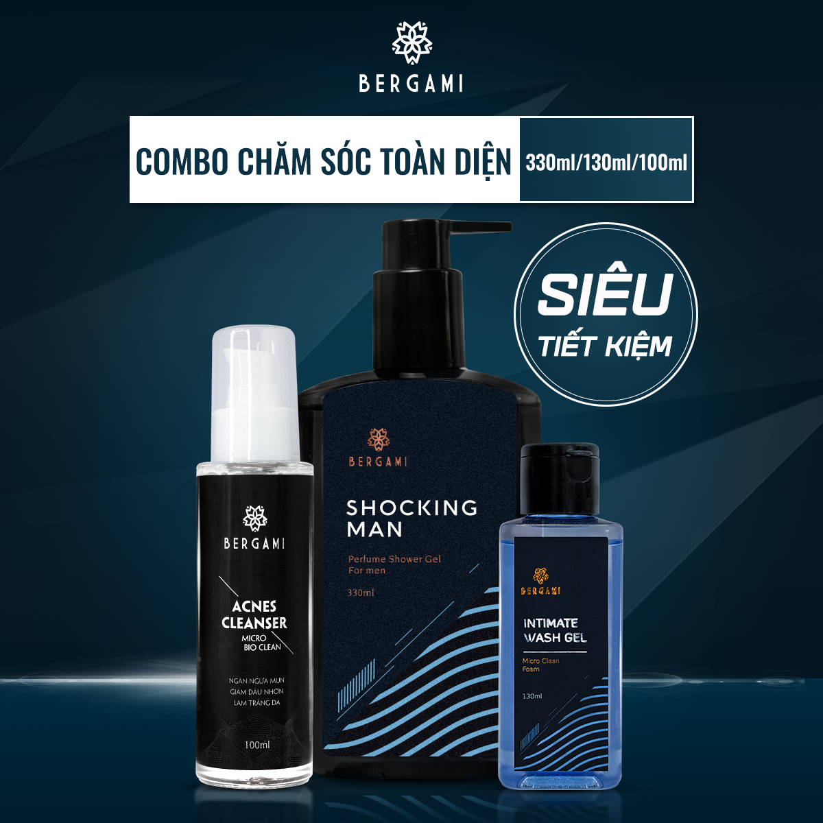 Combo sữa tắm mam hương nước hoa Shocking Man + DDVS + Sữa rửa mặt nam Bergami - Chăm sóc toàn diện cho nam giới