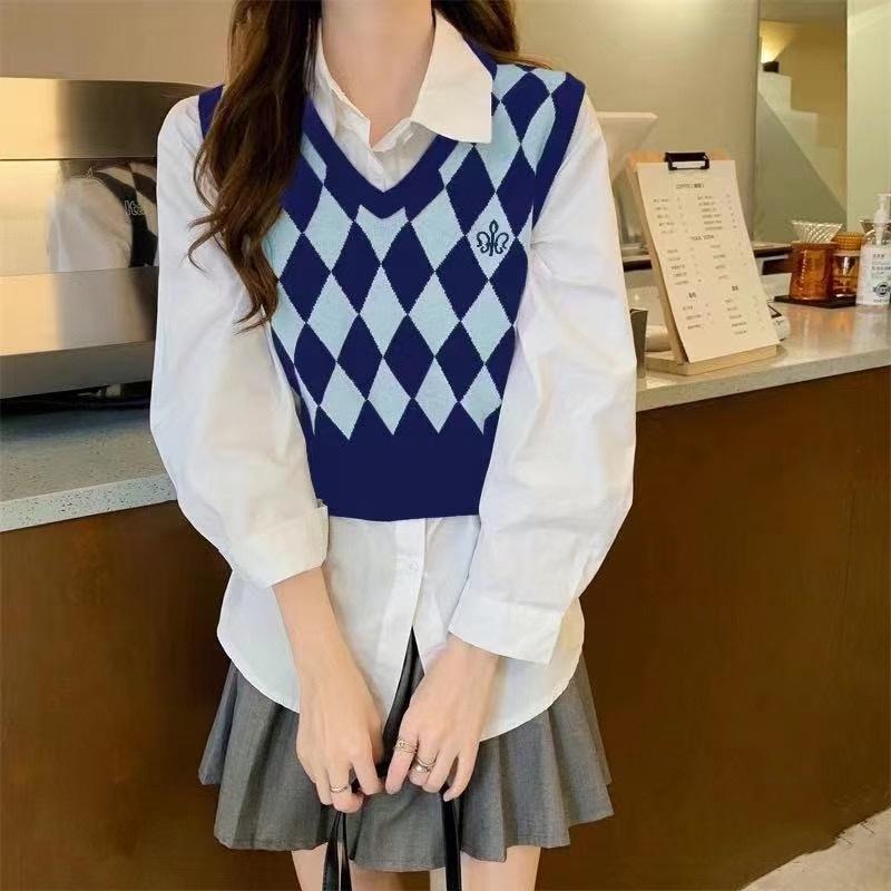 Áo gile len nữ họa tiết kẻ caro cổ tim phong cách Ulzzang len dệt kim kiểu dáng Hàn Quốc trẻ trung phong cách