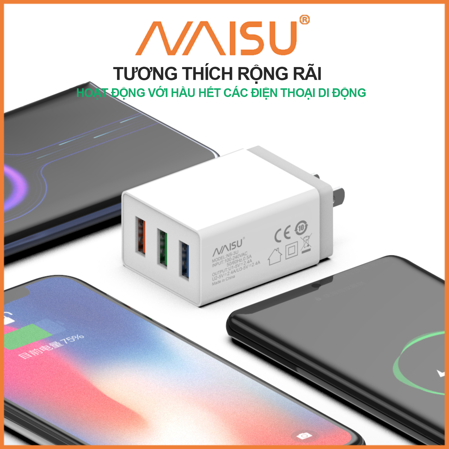 Bộ sạc nhanh, Naisu 3 cổng USB, cáp sạc tùy chọn, hỗ trợ đệm điện thoại IOS Android, NS-3U ID – 1815 - Hàng nhập khẩu