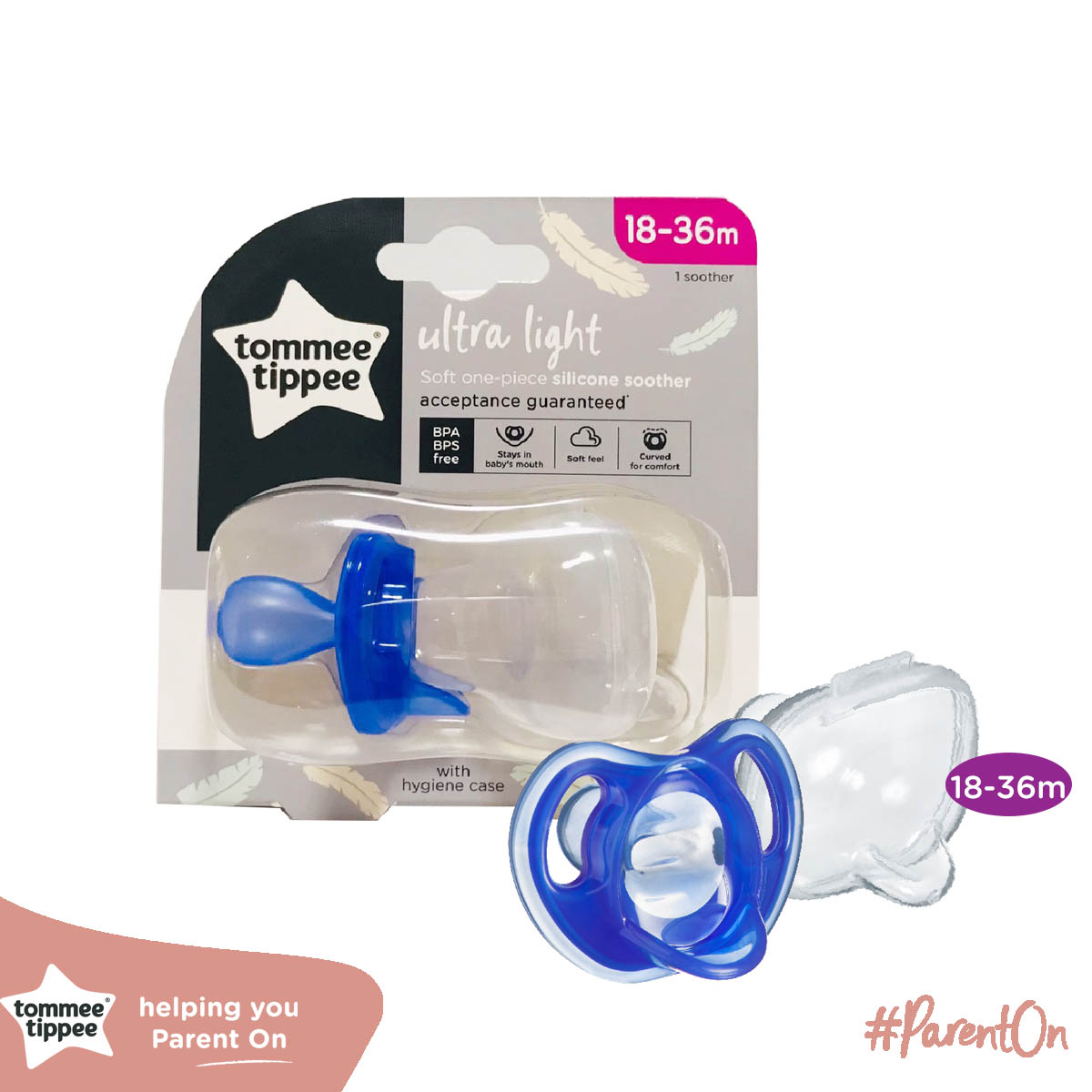 Ty ngậm silicon siêu nhẹ cho bé Tommee Tippee Ultra Light 18-36 tháng (vỉ đơn) - Xanh dương