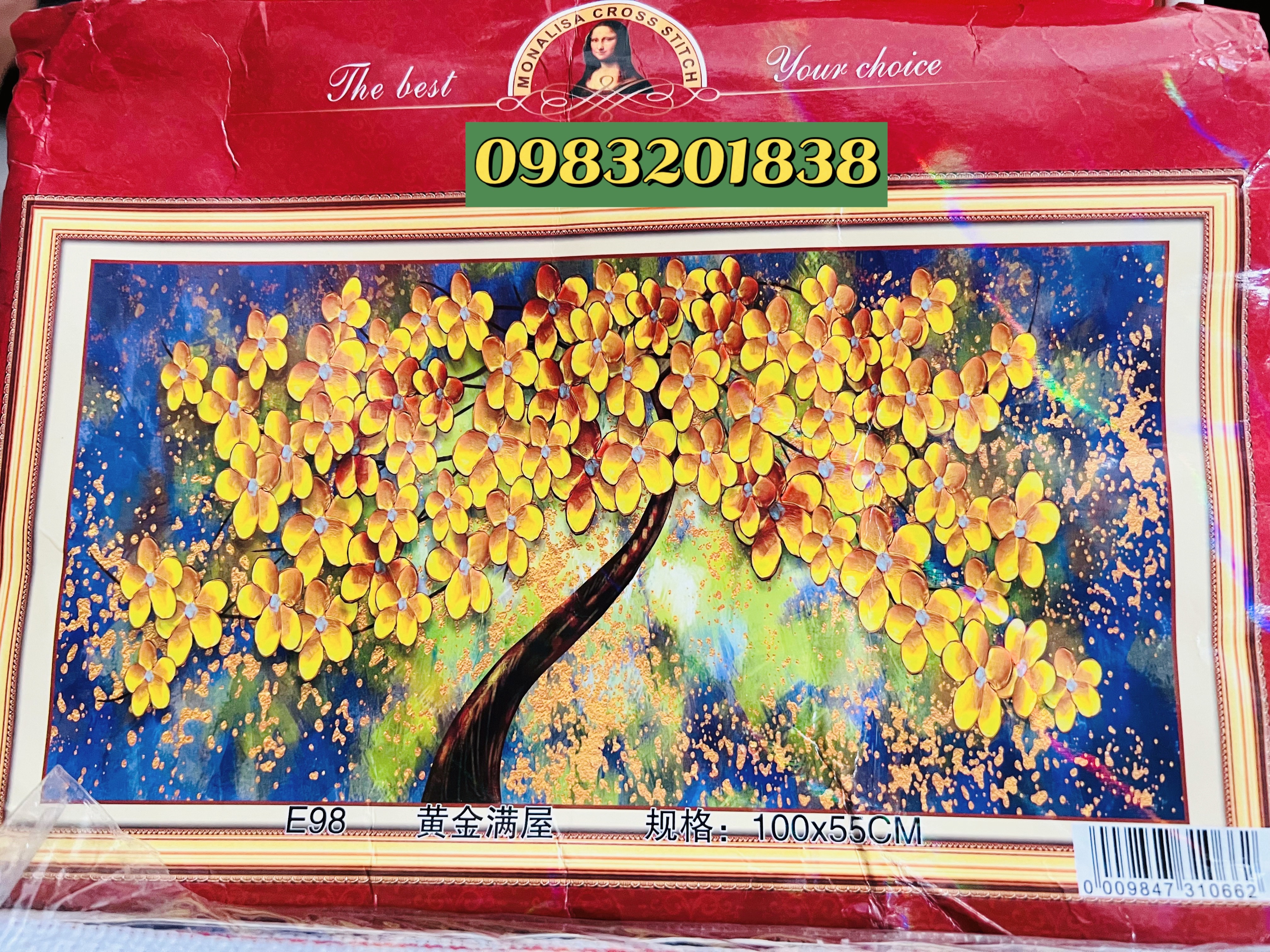 Tranh thêu chữ thập Hoa mai vàng E98, kích thước 100 x 55 cm