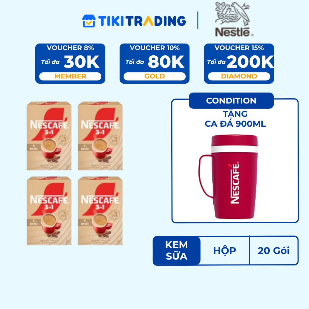 [Tặng Ca đá 900ml] Combo 4 Hộp Cà phê hòa tan NESCAFÉ 3IN1 VỊ KEM SỮA 20 gói ĐẬM VỊ SỮA, CHUẨN CÀ PHÊ