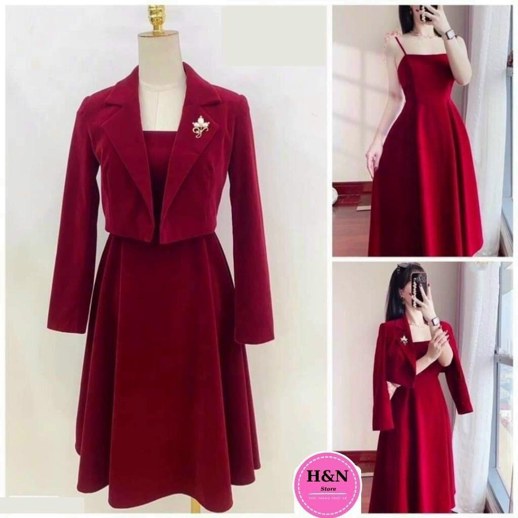 Sét đầm nữ 2 dây from xòe dáng dài kèm áo khoác vest ngắn ngoài, sang trọng, thanh lịch cho quý cô dự tiệc siêu xinh