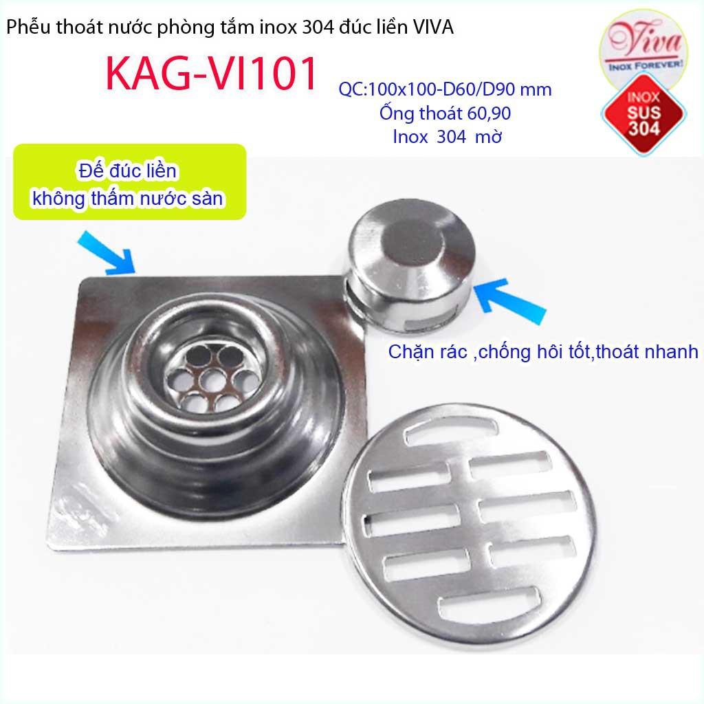 Phễu thoát sàn Viva 10x10 cm KAG-VI101 ống thoát 60mm chống mùi hôi inox 304, thoát sàn inox đúc dày thoát nước nhanh ch