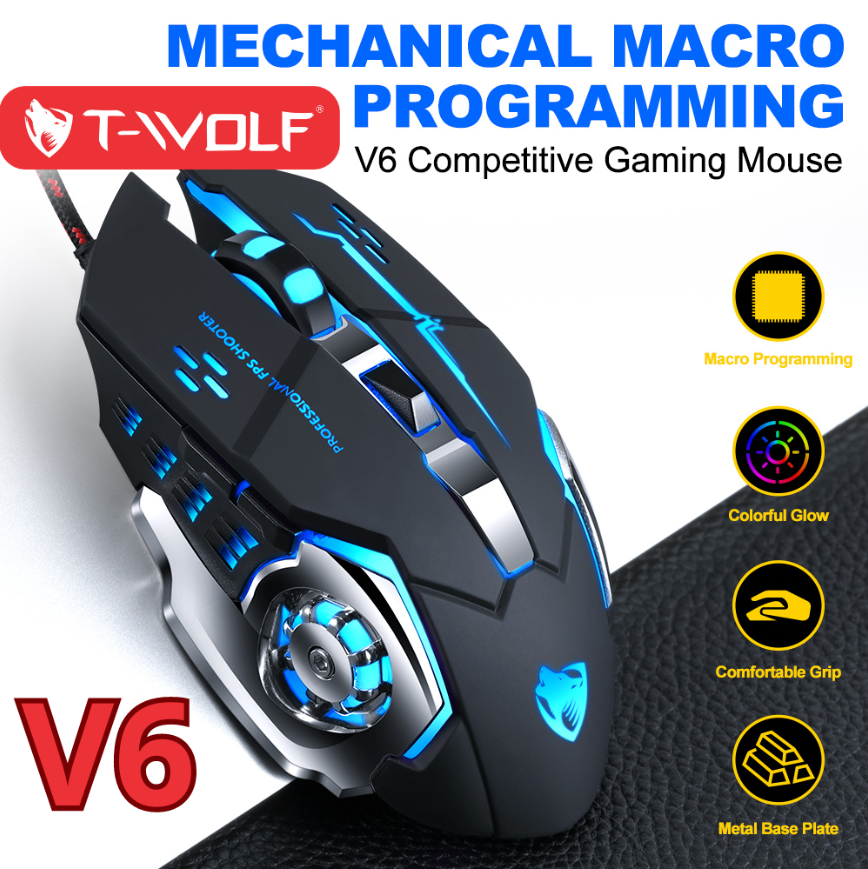 Chuột T-Wolf V6 Giao tiếp USB Chế độ LED Độ phân giải , 3200dpi Gaming Sản phẩm được bảo hành 12 tháng - Hàng chính hãng Màu Đen