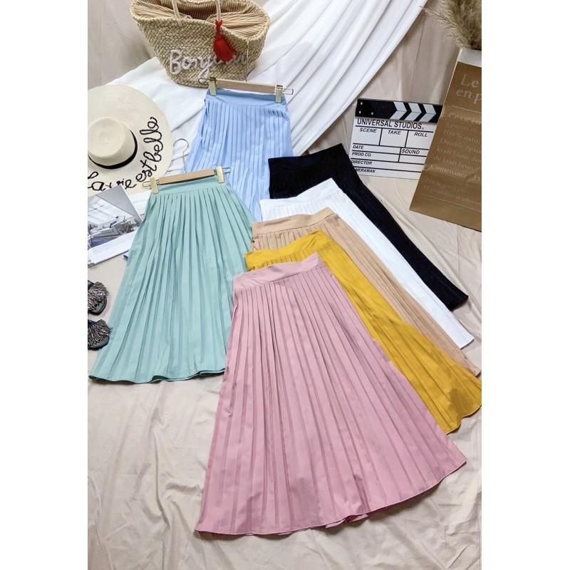 S394 chân váy xếp ly trơn bảng màu pastel
