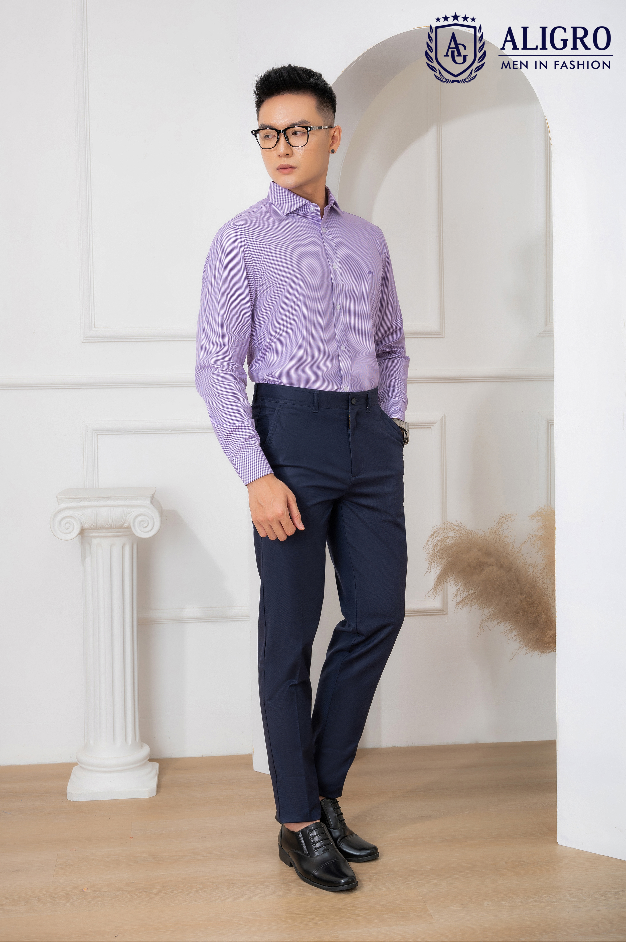 Áo sơ mi nam dài tay ALIGRO màu tím, 100% chất cotton thoáng mát, thấm hút mồ hôi tốt, cổ bẻ, dáng ôm body ALGS153
