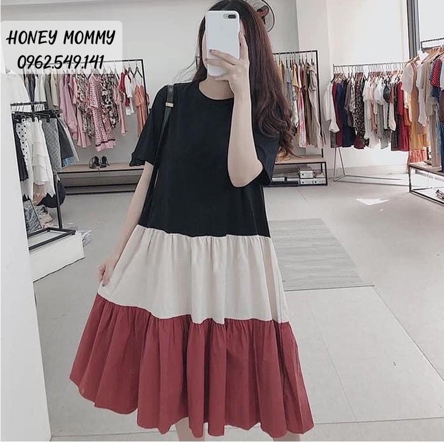 Váy Bầu Thun Cotton Dáng Suông Xòe Váy Bầu Hè Tay Ngắn Vải Thun Mát HD2817 Honey Mommy