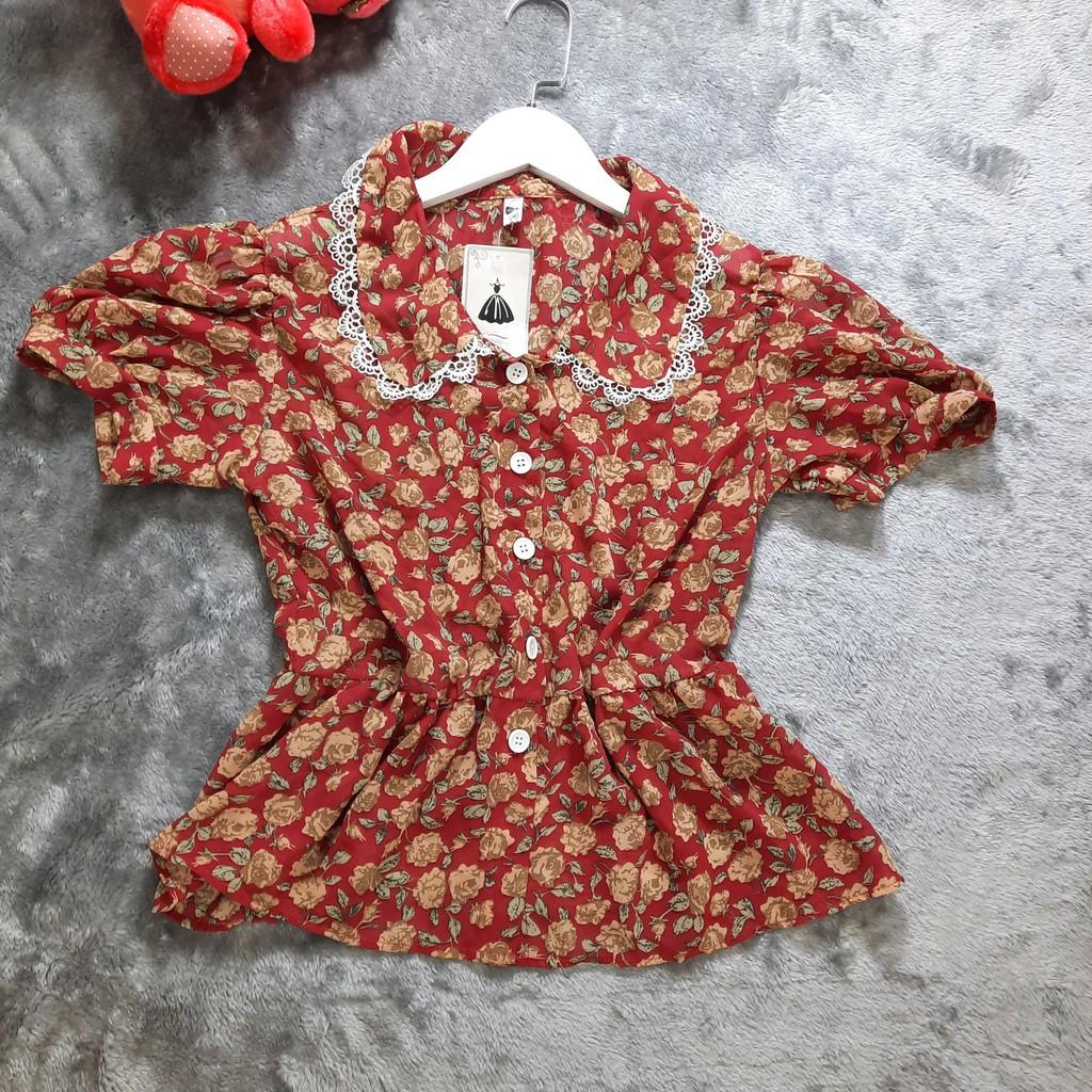 Áo kiểu họa tiết hoa cổ cánh sen phối ren ngắn tay
