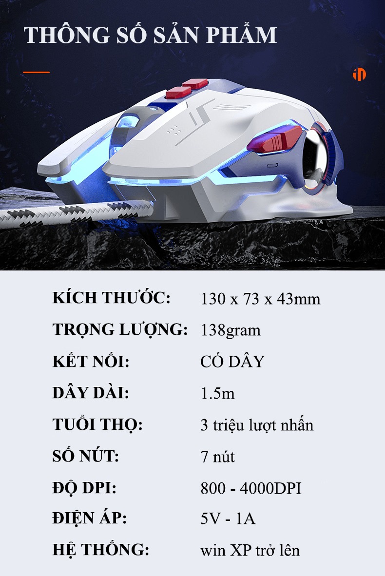 Chuột có dây INPHIC PW2PRO chuyên game thiết kế robot kèm theo đèn led RGB cực đẹp dành cho game thủ - HÀNG CHÍNH HÃNG