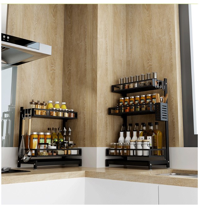 Kệ gia vị đa năng inox phủ sơn tĩnh điện Đen, kệ bếp cao cấp để bàn hoặc treo tường 2 in 1 tiện dụng