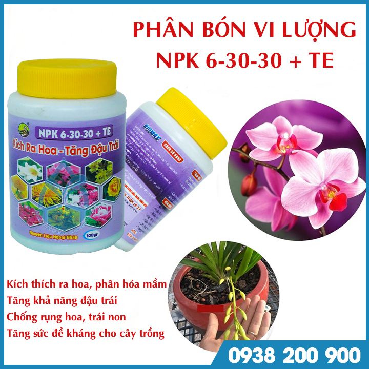 Phân kích ra hoa NPK 6-30-30 +TE-kích ra hoa, tăng đậu trái trên cây kiểng, cây ăn trái- chai 100gr