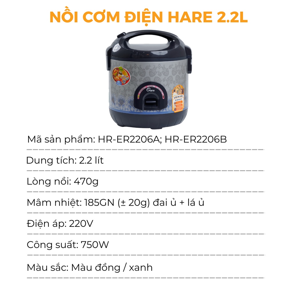 Nồi cơm điện HR-ER2206 (2.2L) -hàng chính hãng thương hiệu Hare - bảo hành 12 tháng